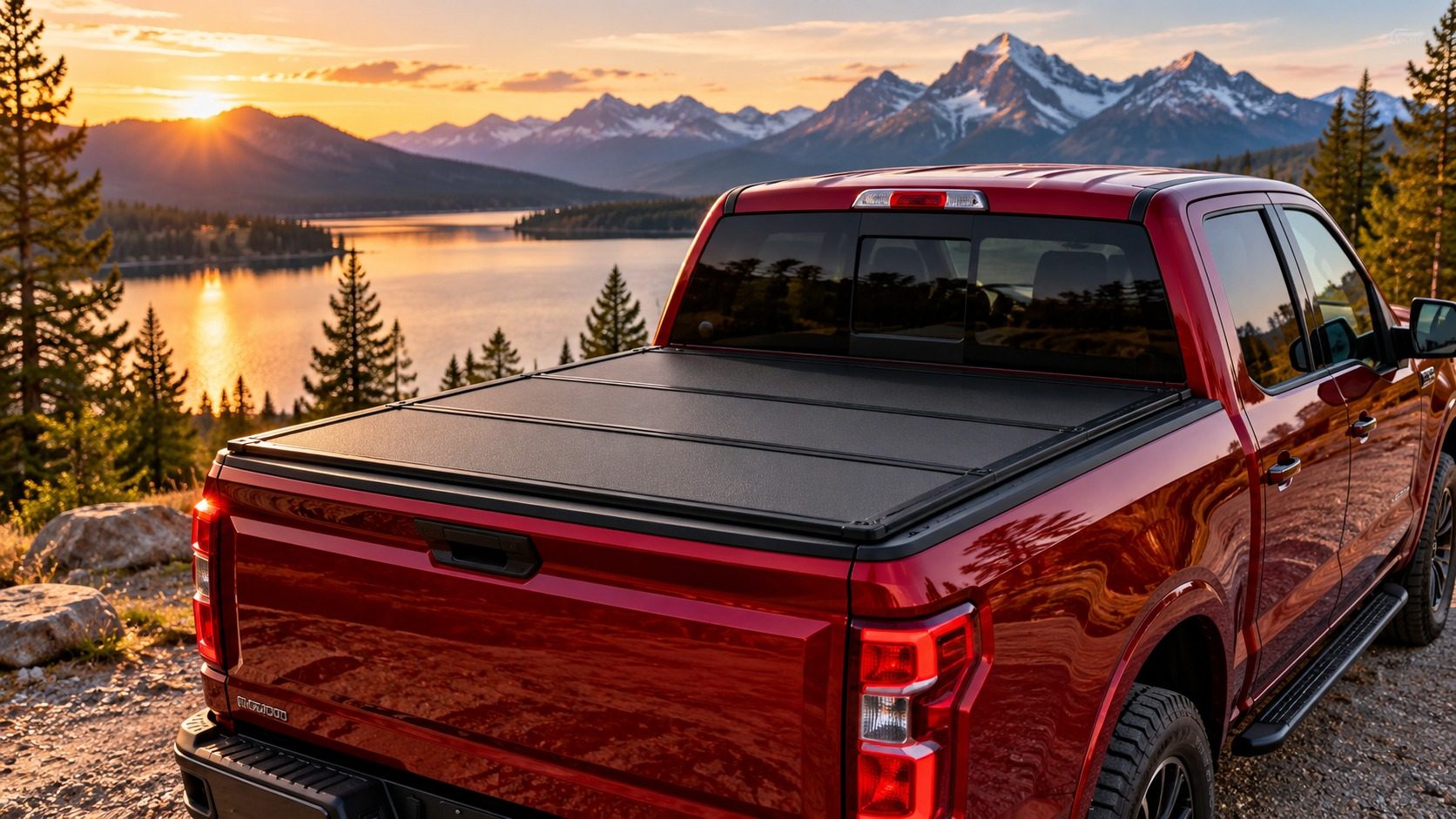 Red pickup truck with a black hard tonneau cover beside a mountain lake