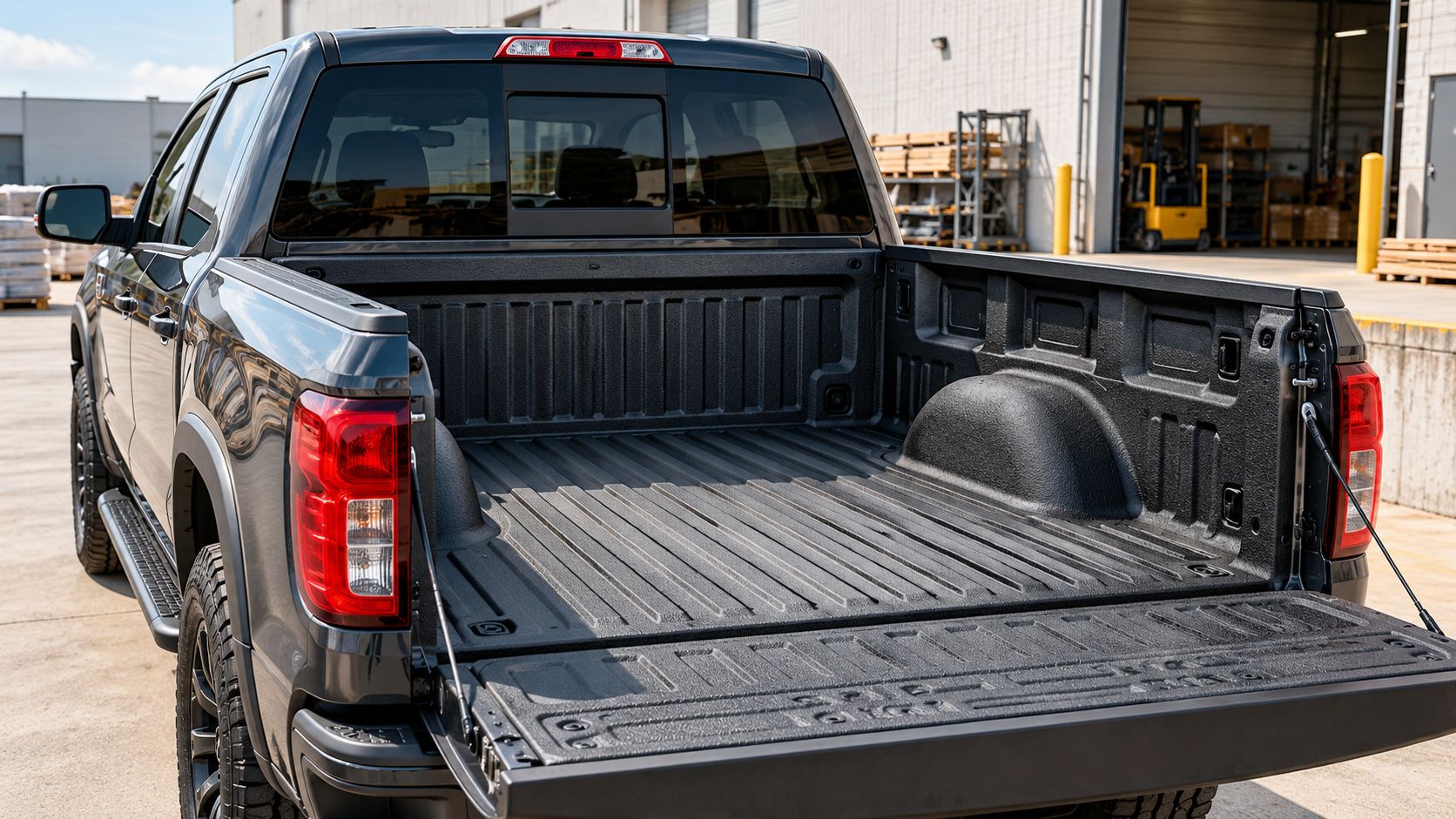 Pickup truck with a textured spray-on bed liner at an industrial loading area