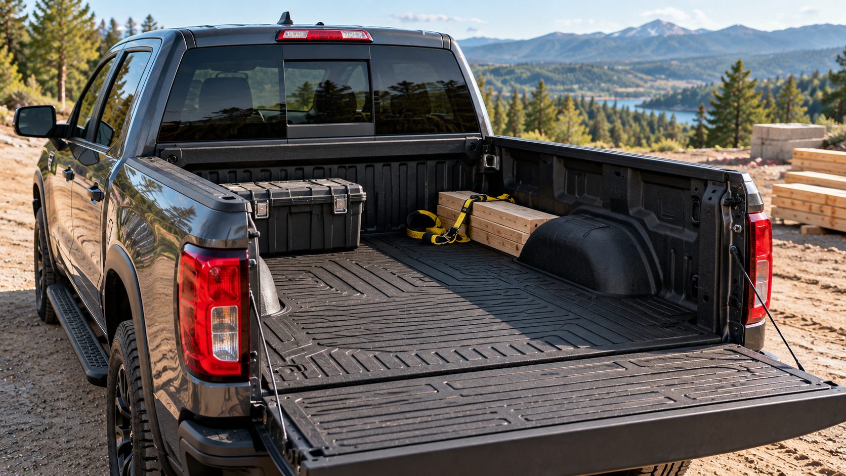 Pickup truck with a heavy-duty bed mat at a mountain worksite