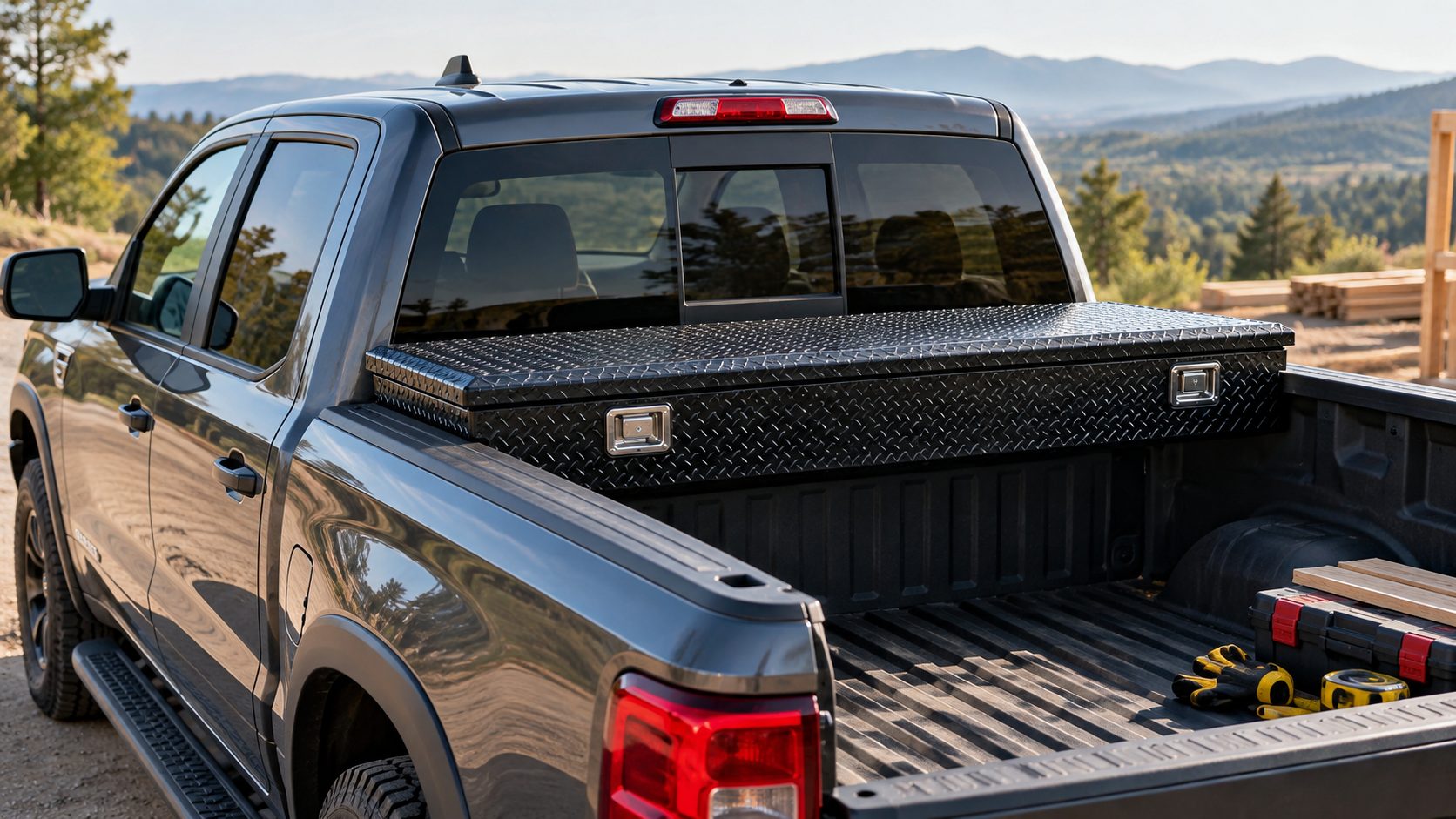 Pickup truck with a black diamond-plate crossover toolbox at a mountain worksite